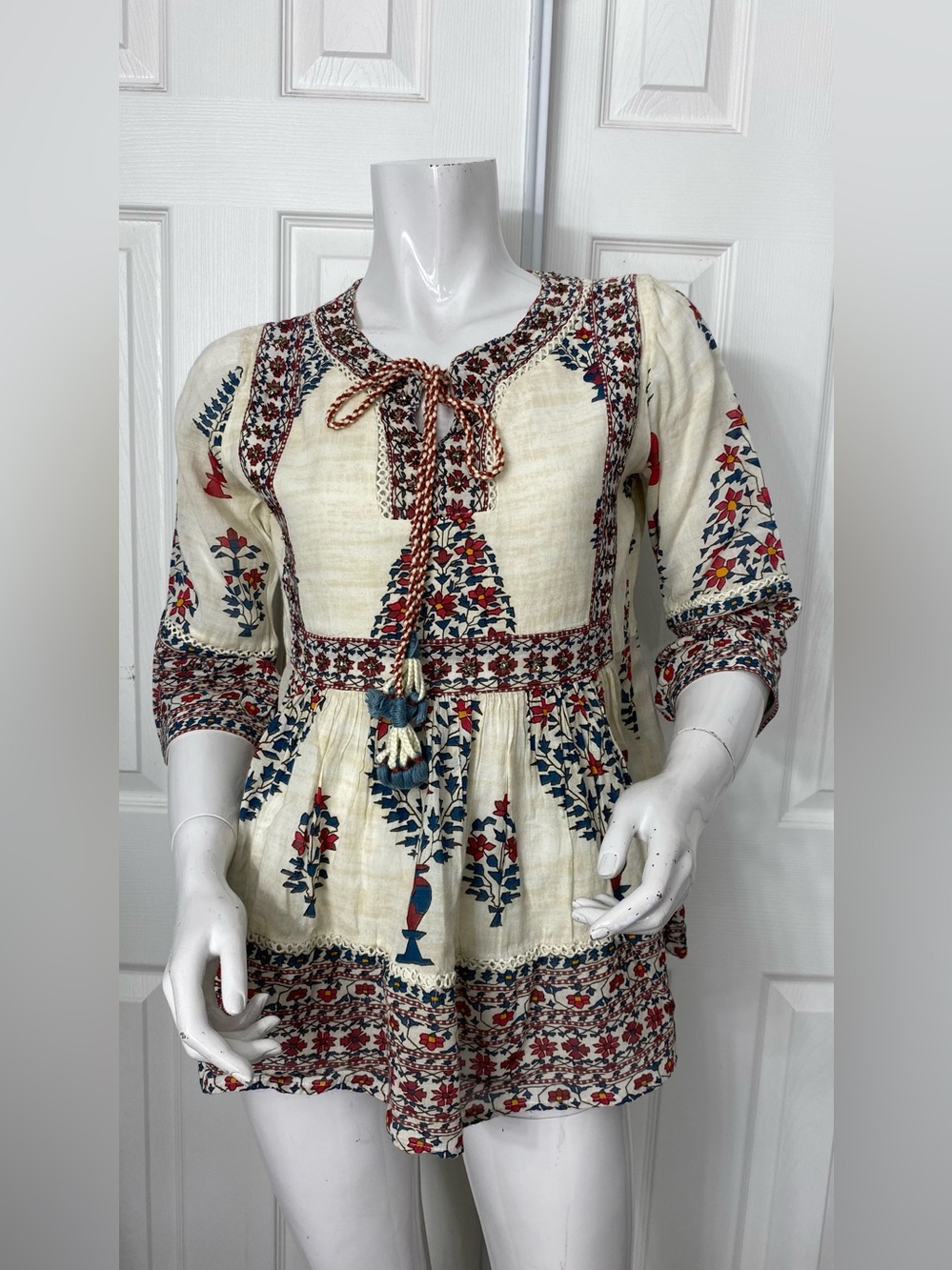 Ritu Kumar Cream Peasant Blouse with Red & Blue Floral Embroidery